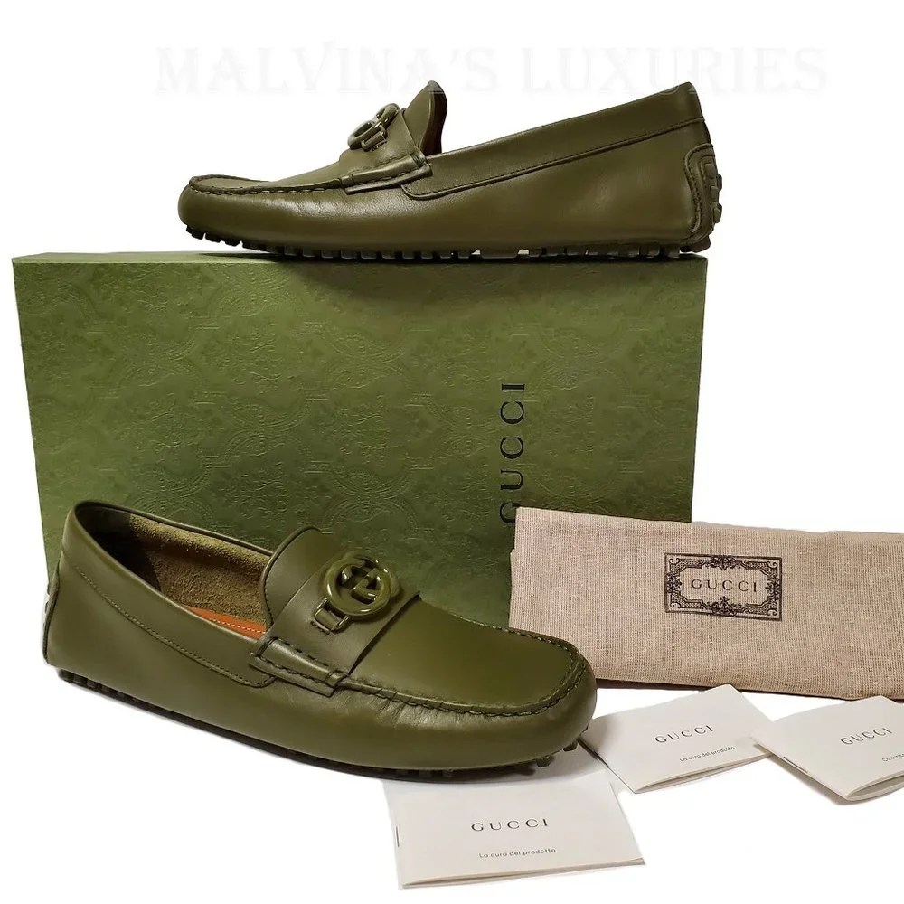 GUCCI SHOES MENS LOAFERS MOCCASINS G LOGO GREEN LEATHER sz 9G 9.5
